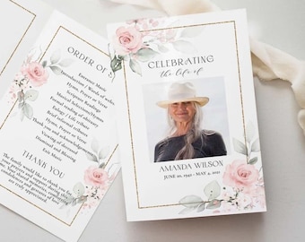 Pink Floral Funeral Program Template: Celebration of Life (Digital Download)