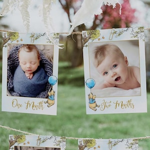 Sjabloon voor spandoek foto Winnie de Pooh, mijlpaalfotokaarten 1e verjaardag, blauwe mijlpaalfotokaarten baby, foto's eerste jaar baby #BWP