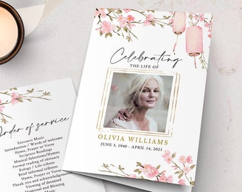Cherry Blossom Funeral Program Template: Editable Memorial (Digital Download)