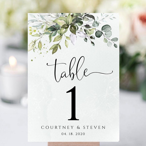 CHLOE - Hochzeit Tischnummer Vorlage, 100% bearbeitbare Vorlage, Elegante Tischnummern druckbar, Grüne Tischnummern