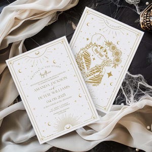 Tarot Card Wedding Invitation, The Lovers Bundle Celestial Skeleton Design (Canva Template)