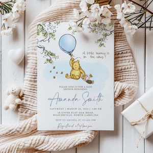 Klassieke Winnie de Poeh-uitnodiging, Winnie de Poeh-babyshoweruitnodiging, afdrukbare uitnodiging, babyshowerfeest, bewerkbare Templett CW-BB
