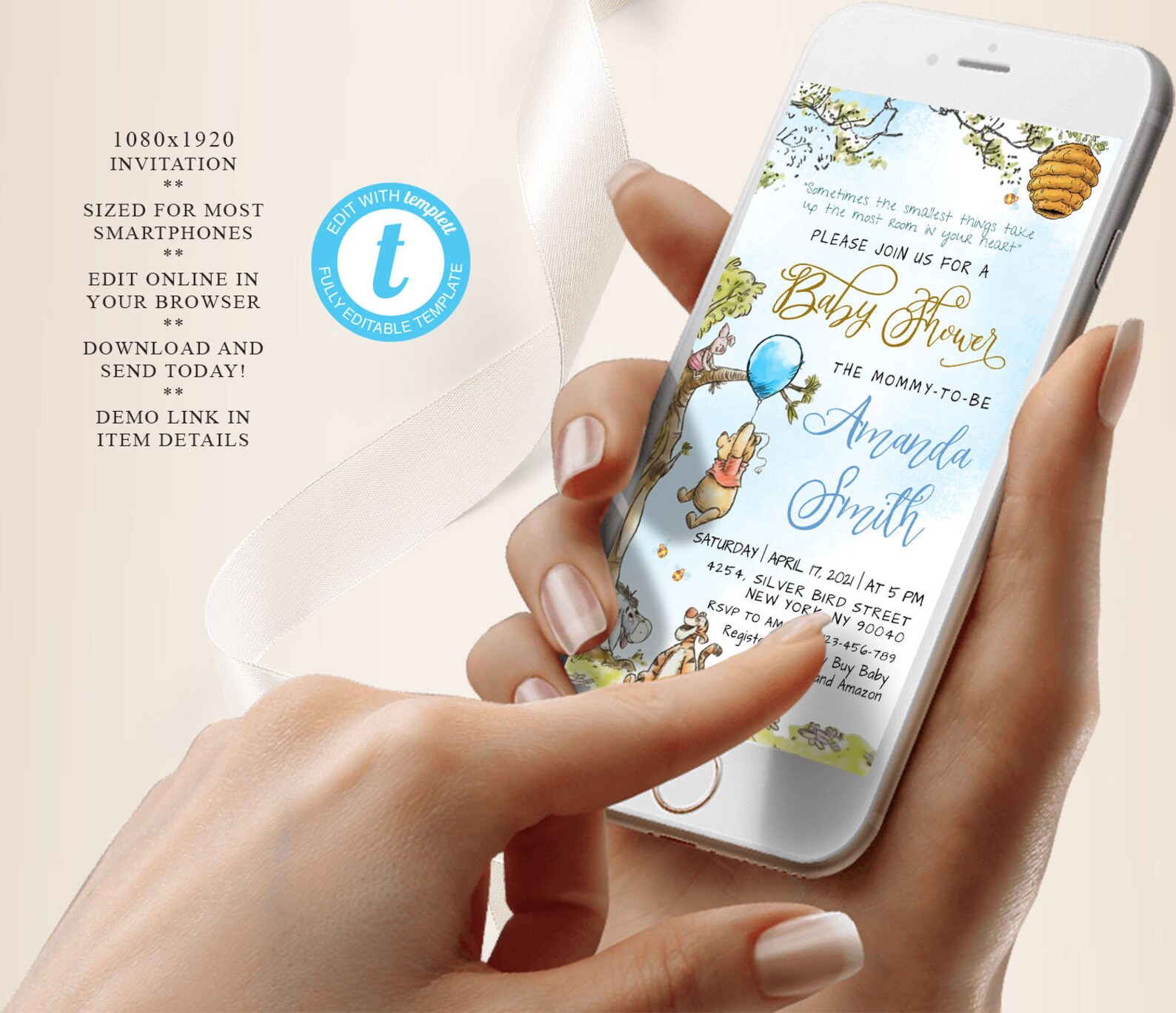 Winnie the Pooh Evite, Classic Winnie the Pooh Baby Shower Evite