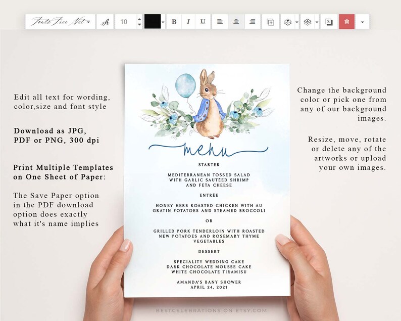 Peter Rabbit Menu Template, Menu Card Template, Baby Shower Menu ...