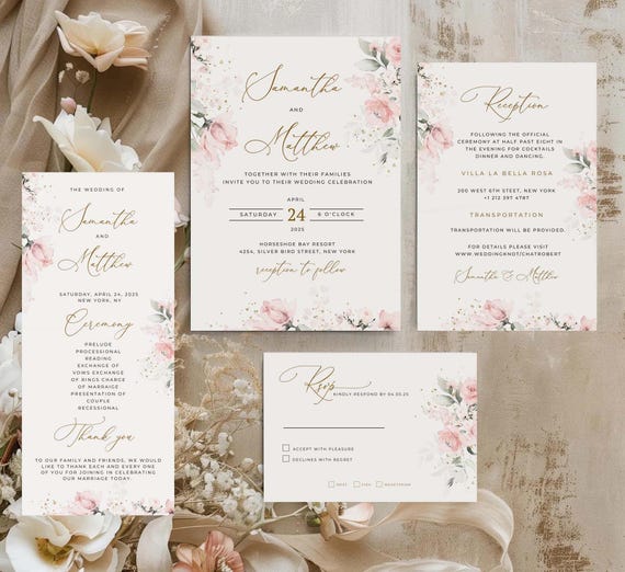 Floral Wedding Invitation Template: Blush Pink Wedding Bundle (Canva)