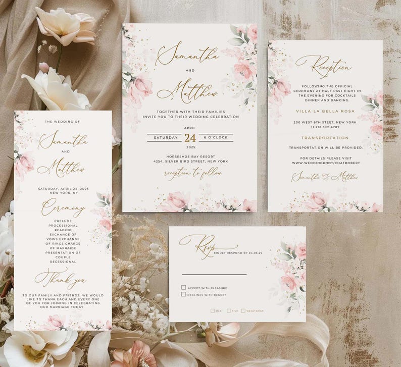 ROSA Wedding Invitation Template Floral Blush Pink Wedding Bundle, Wedding Program Details Card Rsvp and Reception Card Canva  Vol2