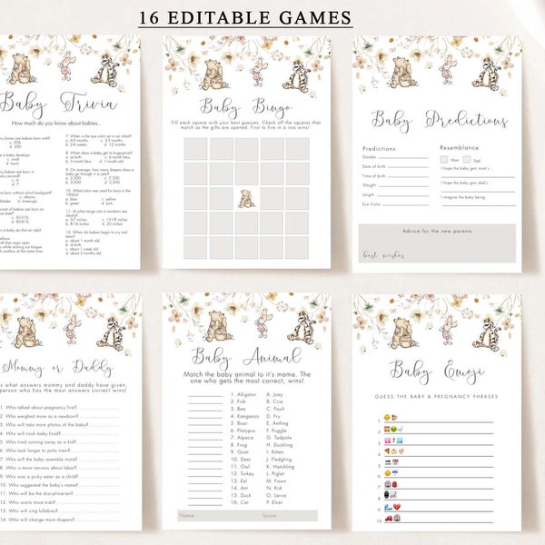 GENDER NEUTRAL Winnie The Pooh Baby Shower Game Bundle, Editable Winnie the Pooh Baby Shower Games, Winnie the Pooh Editable Template #WTPG