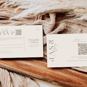 Minimalist Wedding Invitation Suite: Neutral Green, Brown, QR RSVP (Canva Template, Digital Download image 4