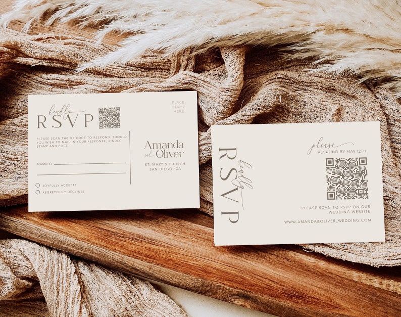 Minimalist Wedding Invitation Suite: Neutral Green, Brown, QR RSVP (Canva Template, Digital Download image 4