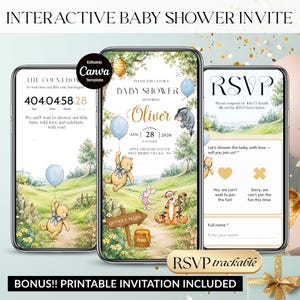 May include: An interactive baby shower invitation displayed on three smartphones. The design features Winnie the Pooh characters, a countdown timer, and an RSVP form. The invitation includes the text "Interactive Baby Shower Invite" and "Bonus!! Printable Invitation Included."