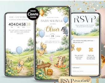 Nalle Puh ballong babyshowerinbjudan spårbar OSA-webbplats, redigerbar klassisk Puh Canva webbinbjudan