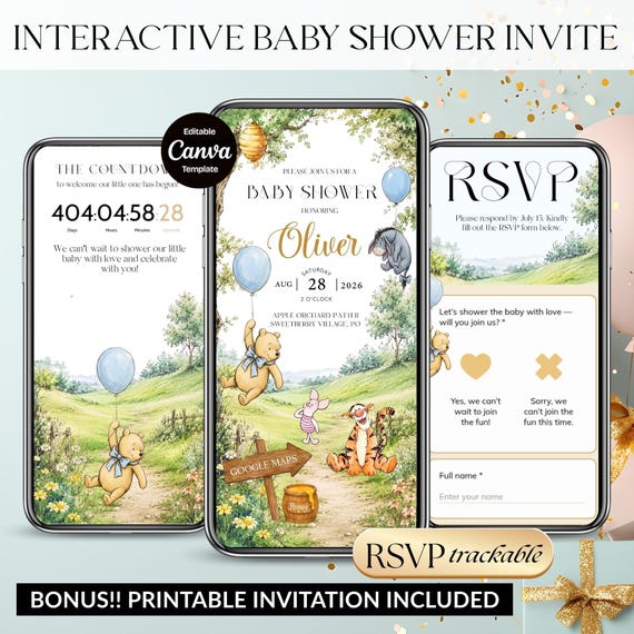 Winnie the Pooh Balloon Baby Shower Invitation Trackable RSVP Website, Editable Classic Pooh Canva Web Invite