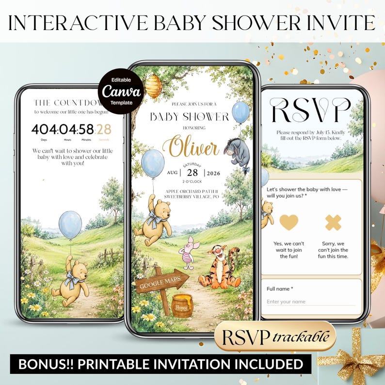 May include: An interactive baby shower invitation displayed on three smartphones. The design features Winnie the Pooh characters, a countdown timer, and an RSVP form. The invitation includes the text "Interactive Baby Shower Invite" and "Bonus!! Printable Invitation Included."