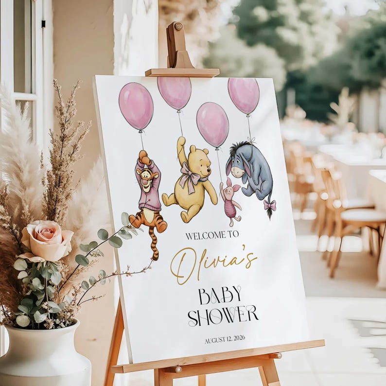 Cartello di benvenuto per baby shower a tema Winnie the Pooh, poster con orsetto e palloncino rosa, modello Canva modificabile immagine 2