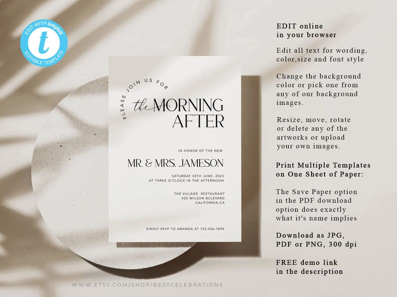 Morning After Brunch Invitations, Post Wedding Brunch Invitation, , EDITABLE Minimal Invitation, Templett MM2 image 3