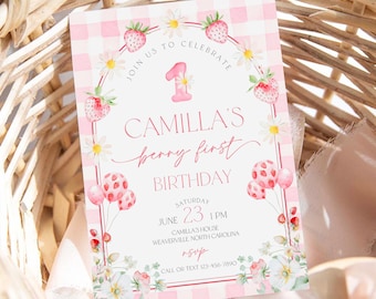 Strawberry First Birthday Invitation: Editable Berry Sweet Party Invite