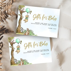 Tarjeta de registro de regalos para bebés, tarjeta de Winnie The Pooh, baby shower de Winnie Pooh, tarjeta de regalos editables para bebés - Globo verde #PWTP