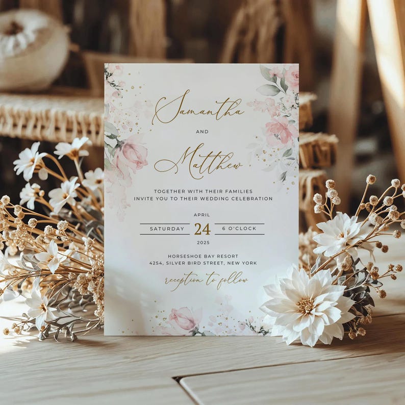 May include: A wedding invitation with a watercolor floral design in shades of pink and green. The invitation features the names Samantha and Matthew, the date Saturday, April 24, 2025, and the time 6 o'clock. The invitation also includes the location Horseshoe Bay Resort, 4254 Silver Bird Street, New York.