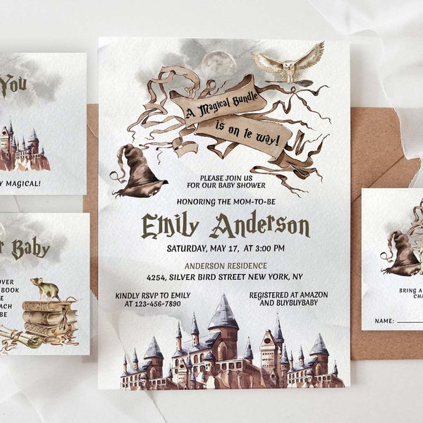 EDITABLE Wizard Baby Shower Invitation Set, Magic School Invite Package, A Magical Bundle is on the way, Instant Download, Wizard Party, #WZ