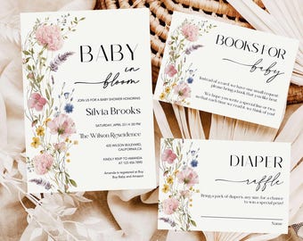 Lot d'invitations pour baby shower fleurs sauvages : floral bohème rose (modèle sur toile imprimable)
