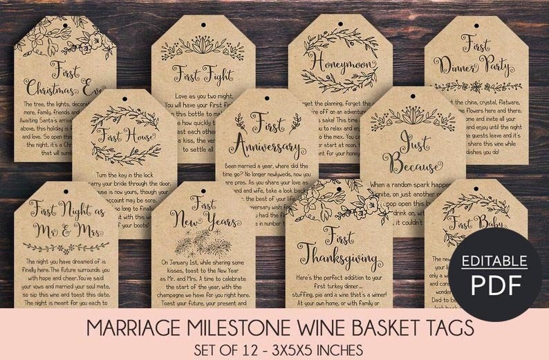 EDITABLE Marriage Milestone Wine Basket Tags A year of first Wine Gift Basket Tags Bridal Shower Gift Wedding Gift Wine Labels image 1