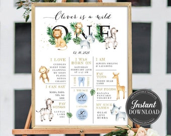 Safari First Birthday Milestone Sign: Wild One Animals (Printable Template)