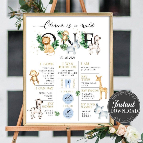 Wild One Safari Jungle Animals First Birthday Milestone Sign , Printable Birthday Milestone Template, Baby's First Birthday Sign, Templett