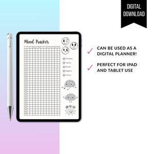 May include: A digital mood tracker displayed on a tablet, with a pen to the left. The tracker features a grid for daily entries, with sections for emotions like 'Energized' and 'Anxious'. The image includes the text 'DIGITAL DOWNLOAD'.