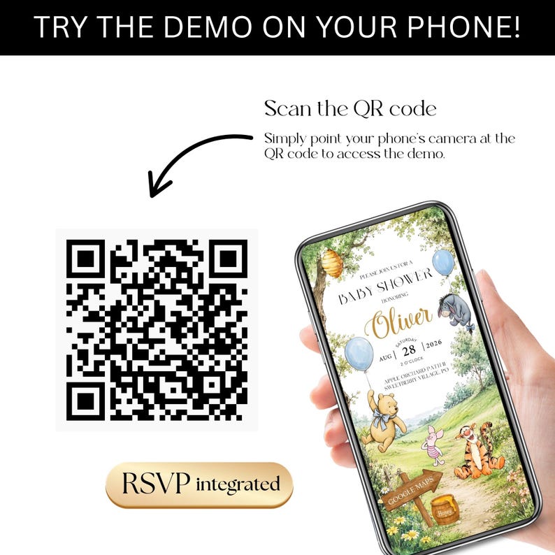 May include: A smartphone displays a baby shower invitation with Winnie the Pooh characters. The invitation includes the name "Oliver", date, and location. A QR code and the text "TRY THE DEMO ON YOUR PHONE!" are also visible.