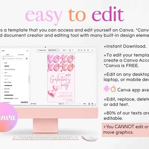 K&ouml;nnte beinhalten: Ein rosa Computermonitor zeigt eine Vorlage f&uuml;r eine Galentine's Party-Einladung. Der Bildschirm zeigt die Worte "xoxo" in rosa Ballonbuchstaben. Der Text "easy to edit" steht oben. Das Canva-Logo ist auf dem Bildschirm und auf einem rosa Kreis zu sehen.