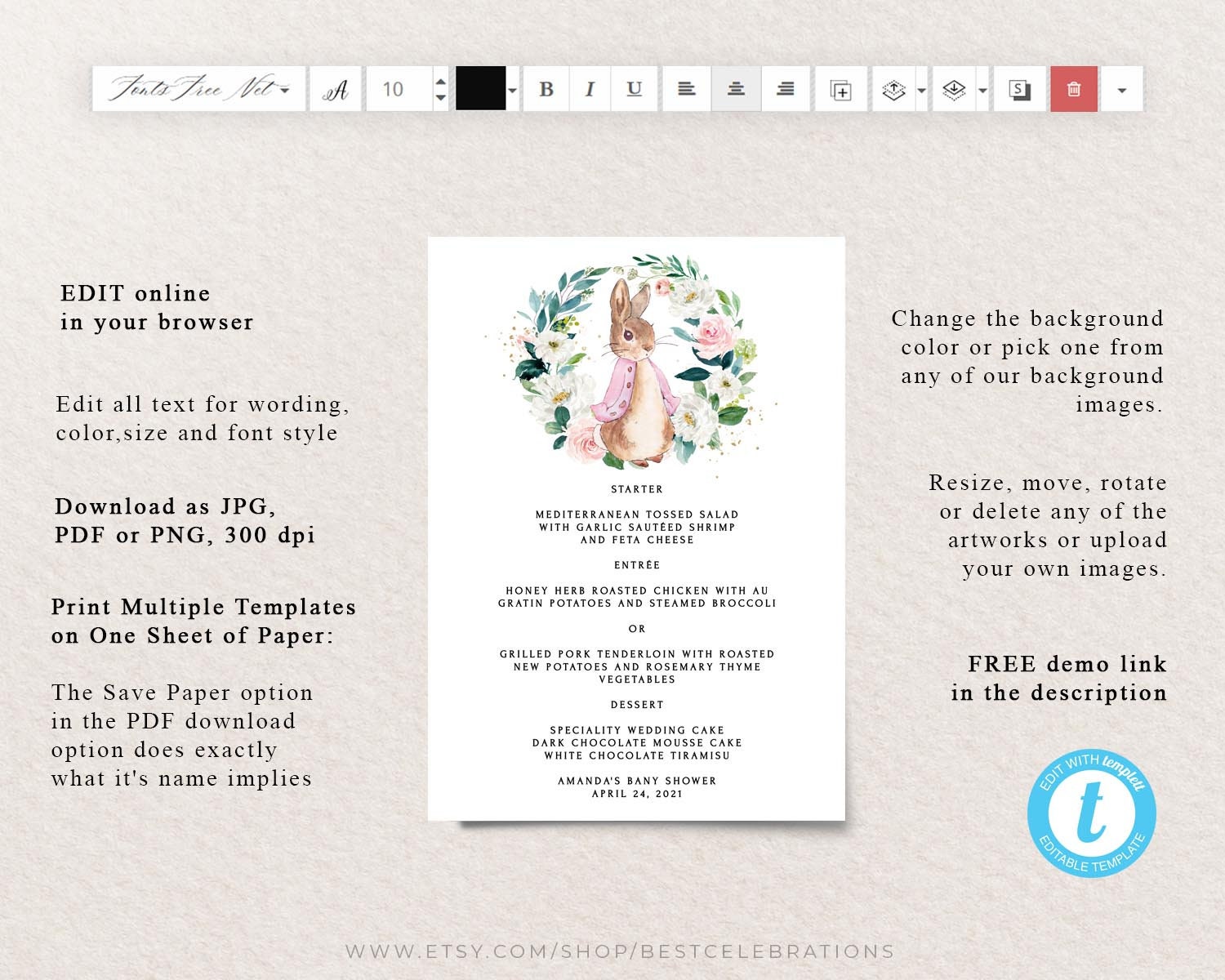 Peter Rabbit Menu Template, Menu Card Template, Baby Shower Menu ...