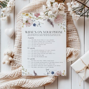 ¿Qué hay en tu teléfono? Juego de baby shower con flores silvestres, baby shower para niñas, plantilla de juego editable, descarga instantánea, Templett, 5x7 PWFL