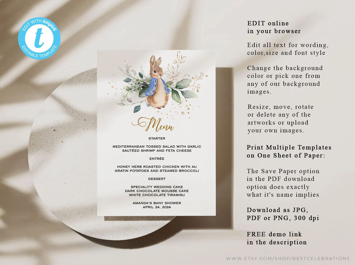 Peter Rabbit Menu Template, Menu Card Template, Baby Shower Menu ...