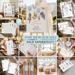May include: A baby shower bundle with Winnie the Pooh characters. Includes invitations, signs, cupcake toppers, water bottle labels, and more. Designs feature Pooh, Piglet, Tigger, and Eeyore with blue balloons. The sign reads "Welcome to Oliver's Baby Shower."