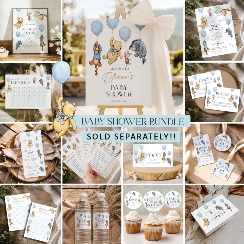 May include: A baby shower bundle with Winnie the Pooh characters. Includes invitations, signs, cupcake toppers, water bottle labels, and more. Designs feature Pooh, Piglet, Tigger, and Eeyore with blue balloons. The sign reads "Welcome to Oliver's Baby Shower."