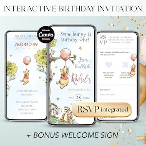 Winnie Birthday Invitation with Trackable RSVP Page, Winnie the Pooh First Birthday Web Invitation, Editable Canva Template