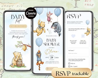 Winnie Pooh Balloon Bear Baby Shower Invitation Trackable RSVP Website, Editable Classic Pooh Canva Web Invite