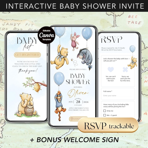 Winnie Pooh Balloon Bear Baby Shower Invitation Trackable RSVP Website, Editable Classic Pooh Canva Web Invite