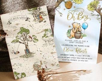 Winnie the Pooh Baby Shower Invitation, Oh Boy Digital Invitation, Blue Winnie The Pooh Invite, Pooh Printable Canva Template