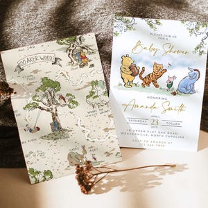 Winnie The Pooh Baby Shower Einladung Classic Pooh Baby Shower Invite Hundert Morgen Holz Karte Rückseite bearbeitbare druckbare Canva-Vorlage CWG