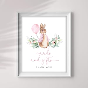 Peter Rabbit Karten und Geschenke Tischschild, rosa Peter Rabbit-Schild, Partydekoration, 8x10 Jpeg und Pdf, Babyparty #PR