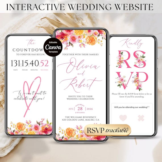 Citrus Wedding Invitation Website with Trackable RSVP, Editable Canva Template Clickable RSVP Form, Summer Wedding Website