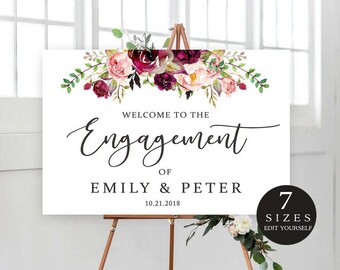 Editable Engagement Party Sign, Printable Welcome to Our Engagement Sign,  Welcome sign, Engagement Party Print, Templett, #FL02