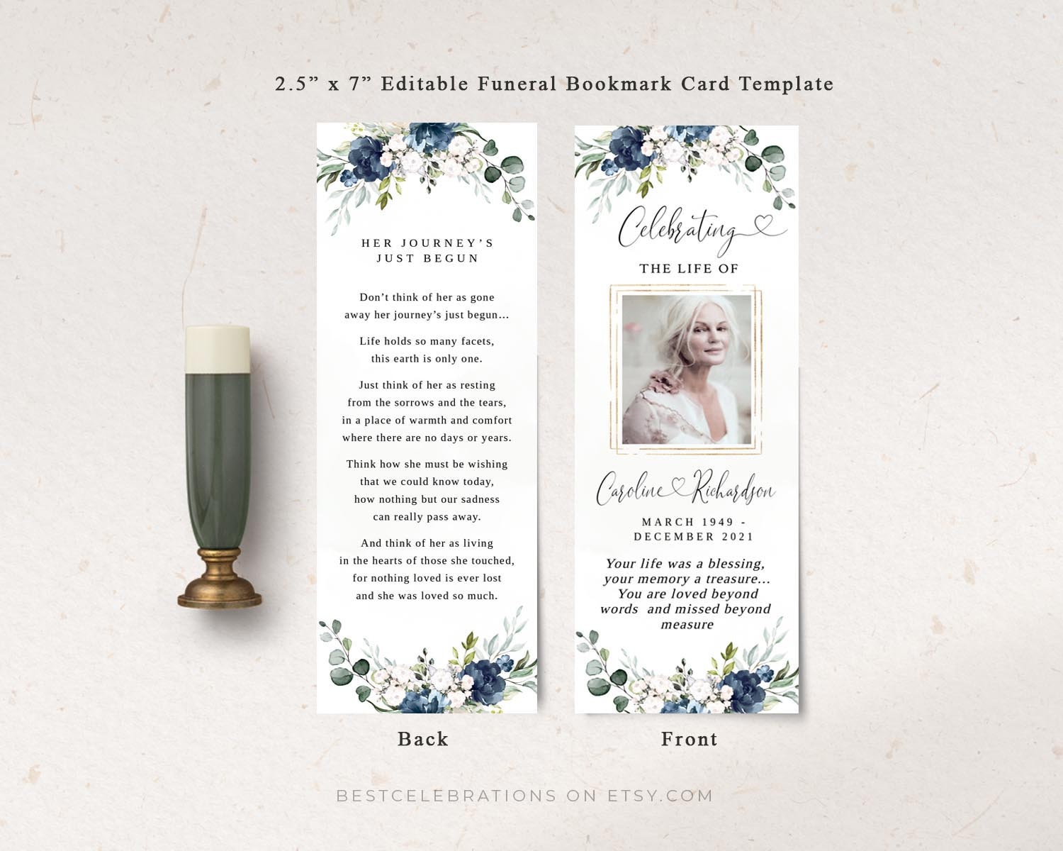 editable funeral bookmark template navy blue celebration of etsy
