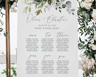 Eucalyptus Wedding Seating Chart Template: Greenery Find Your Seat Sign (Canva Editable)