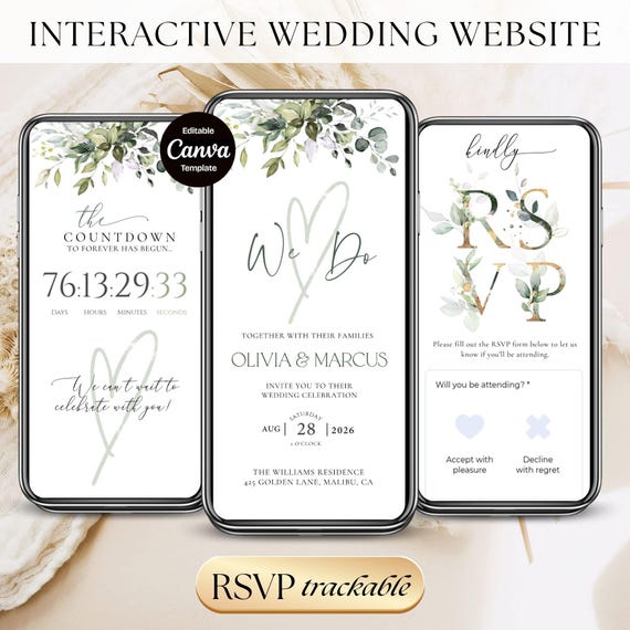 Greenery Wedding Invitation Website with Trackable RSVP, Editable Canva Template Clickable RSVP Form, Eucalyptus Wedding Invitation