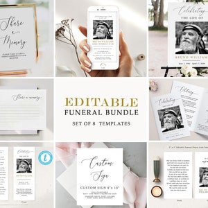 Paquete de funeral editable, paquete conmemorativo, plantillas para celebrar la vida, paquete In Loving Memory, letrero de funeral editable, #FNRL