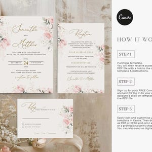 May include: A wedding invitation suite with a floral design. The invitation features a pink and white floral pattern with gold accents. The text on the invitation reads "Samantha and Matthew" and includes the date and time of the wedding. The RSVP card features a similar floral design and includes a space for guests to indicate their attendance.