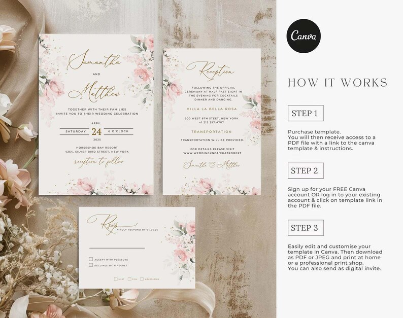 May include: A wedding invitation suite with a floral design. The invitation features a pink and white floral pattern with gold accents. The text on the invitation reads "Samantha and Matthew" and includes the date and time of the wedding. The RSVP card features a similar floral design and includes a space for guests to indicate their attendance.