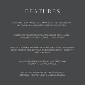 May include: A dark grey background with the word "FEATURES" in a light beige font. The text below describes website editing in Canva, customisation options, publishing with a free domain, and website updates.
